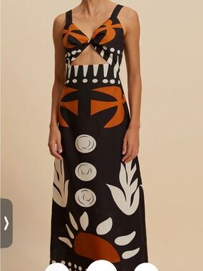 Commense Black Midi Dress with Orange and Cream Graphic Print